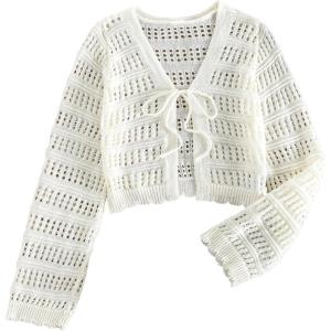imageSHENHE Womens Tie Front Hollow Out Cover Up Summer Boho Knit Cardigan Crop TopsBeige