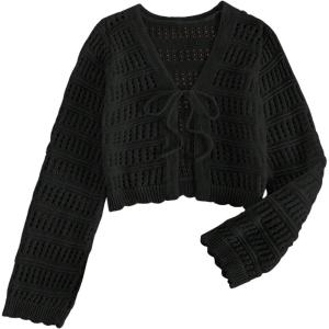 imageSHENHE Womens Tie Front Hollow Out Cover Up Summer Boho Knit Cardigan Crop TopsBlack