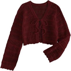 imageSHENHE Womens Tie Front Hollow Out Cover Up Summer Boho Knit Cardigan Crop TopsBurgundy
