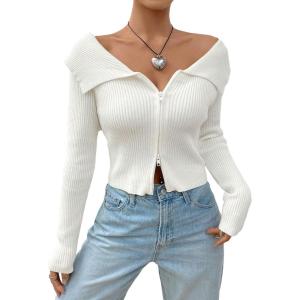 imageSHENHE Womens Zip Up Ribbed Sweater Foldover Collar Fitted Knit Crop Top CardiganWhite