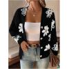 imageSHENHE Womens Floral Print Button Down Cardigan V Neck Drop Shoulder Knit OuterwearBlack