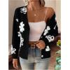 imageSHENHE Womens Floral Print Button Down Cardigan V Neck Drop Shoulder Knit OuterwearBlack
