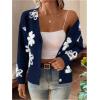 imageSHENHE Womens Floral Print Button Down Cardigan V Neck Drop Shoulder Knit OuterwearDeep Blue