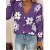 imageSHENHE Womens Floral Print Button Down Cardigan V Neck Drop Shoulder Knit OuterwearViolet Purple