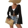 imageSHENHE Womens Tie Front Tops Bell Long Sleeve Knit Crochet Cardigan Crop TopBlack