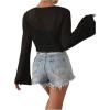 imageSHENHE Womens Tie Front Tops Bell Long Sleeve Knit Crochet Cardigan Crop TopBlack