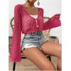 imageSHENHE Womens Tie Front Tops Bell Long Sleeve Knit Crochet Cardigan Crop TopHot Pink