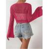 imageSHENHE Womens Tie Front Tops Bell Long Sleeve Knit Crochet Cardigan Crop TopHot Pink