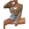 imageSHENHE Womens Tie Front Tops Bell Long Sleeve Knit Crochet Cardigan Crop TopKhaki