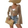 imageSHENHE Womens Tie Front Tops Bell Long Sleeve Knit Crochet Cardigan Crop TopKhaki