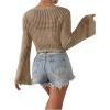 imageSHENHE Womens Tie Front Tops Bell Long Sleeve Knit Crochet Cardigan Crop TopKhaki