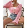 imageSHENHE Womens Tie Front Tops Bell Long Sleeve Knit Crochet Cardigan Crop TopPink