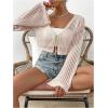 imageSHENHE Womens Tie Front Tops Bell Long Sleeve Knit Crochet Cardigan Crop TopSolid Khaki