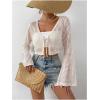 imageSHENHE Womens Tie Front Tops Bell Long Sleeve Knit Crochet Cardigan Crop TopSolid Khaki
