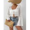 imageSHENHE Womens Tie Front Tops Bell Long Sleeve Knit Crochet Cardigan Crop TopWhite