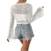 imageSHENHE Womens Tie Front Tops Bell Long Sleeve Knit Crochet Cardigan Crop TopWhite