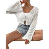 imageSHENHE Womens Tie Front Tops Bell Long Sleeve Knit Crochet Cardigan Crop TopWhite