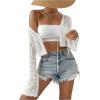imageSHENHE Womens Tie Front Tops Bell Long Sleeve Knit Crochet Cardigan Crop TopWhite