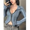 imageSHENHE Womens Zip Up Cardigan Collared Long Sleeve Fitted Y2k Knit Crop Top SweaterBlue