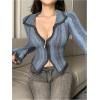 imageSHENHE Womens Zip Up Cardigan Collared Long Sleeve Fitted Y2k Knit Crop Top SweaterBlue