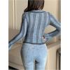 imageSHENHE Womens Zip Up Cardigan Collared Long Sleeve Fitted Y2k Knit Crop Top SweaterBlue