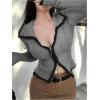 imageSHENHE Womens Zip Up Cardigan Collared Long Sleeve Fitted Y2k Knit Crop Top SweaterGrey