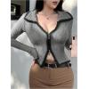 imageSHENHE Womens Zip Up Cardigan Collared Long Sleeve Fitted Y2k Knit Crop Top SweaterGrey