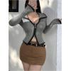 imageSHENHE Womens Zip Up Cardigan Collared Long Sleeve Fitted Y2k Knit Crop Top SweaterGrey