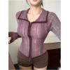 imageSHENHE Womens Zip Up Cardigan Collared Long Sleeve Fitted Y2k Knit Crop Top SweaterViolet Purple