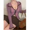 imageSHENHE Womens Zip Up Cardigan Collared Long Sleeve Fitted Y2k Knit Crop Top SweaterViolet Purple