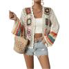 imageSHENHE Womens Floral Crochet Cardigan Hollow Out Open Front Long Sleeve Cardigan SweaterApricot