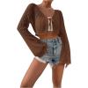 imageSHENHE Womens Tie Front Tops Bell Long Sleeve Knit Crochet Cardigan Crop TopBrown