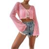 imageSHENHE Womens Tie Front Tops Bell Long Sleeve Knit Crochet Cardigan Crop TopPink