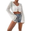 imageSHENHE Womens Tie Front Tops Bell Long Sleeve Knit Crochet Cardigan Crop TopWhite