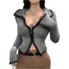 imageSHENHE Womens Zip Up Cardigan Collared Long Sleeve Fitted Y2k Knit Crop Top SweaterGrey