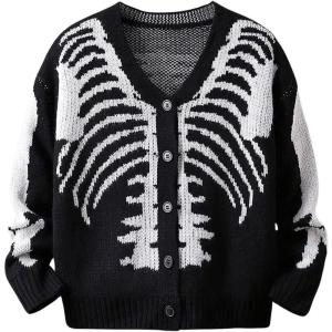 imageSHENHE Boys Graphic Skeleton Print Button Down V Neck Long Sleeve Halloween CardiganBlack and White