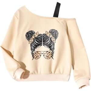 imageSHENHE Girls Graphic Print Cut Out Shoulder Asymmetrical Cute Sweatshirt Pullover TopApricot