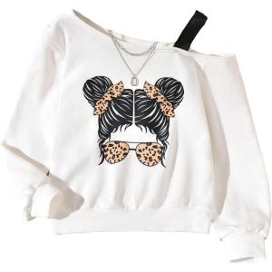 imageSHENHE Girls Graphic Print Cut Out Shoulder Asymmetrical Cute Sweatshirt Pullover TopWhite
