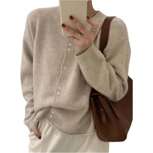 imageSHENHE Womens Crewneck Button Down Long Sleeve Cardigan Loose Casual Sweater TopApricot