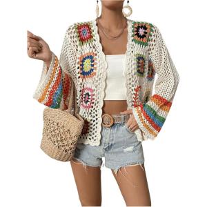 imageSHENHE Womens Floral Crochet Cardigan Hollow Out Open Front Long Sleeve Cardigan SweaterApricot