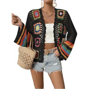 imageSHENHE Womens Floral Crochet Cardigan Hollow Out Open Front Long Sleeve Cardigan SweaterBlack