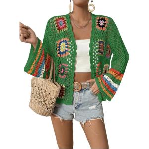imageSHENHE Womens Floral Crochet Cardigan Hollow Out Open Front Long Sleeve Cardigan SweaterGreen