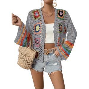 imageSHENHE Womens Floral Crochet Cardigan Hollow Out Open Front Long Sleeve Cardigan SweaterGrey