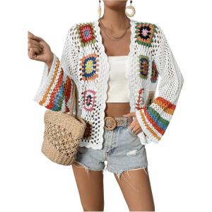 imageSHENHE Womens Floral Crochet Cardigan Hollow Out Open Front Long Sleeve Cardigan SweaterWhite