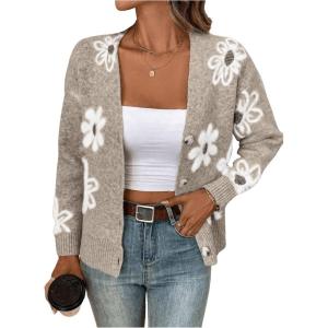 imageSHENHE Womens Floral Print Button Down Cardigan V Neck Drop Shoulder Knit OuterwearApricot a