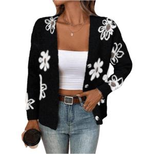 imageSHENHE Womens Floral Print Button Down Cardigan V Neck Drop Shoulder Knit OuterwearBlack