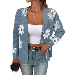 imageSHENHE Womens Floral Print Button Down Cardigan V Neck Drop Shoulder Knit OuterwearBlue