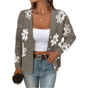 imageSHENHE Womens Floral Print Button Down Cardigan V Neck Drop Shoulder Knit OuterwearDark Grey