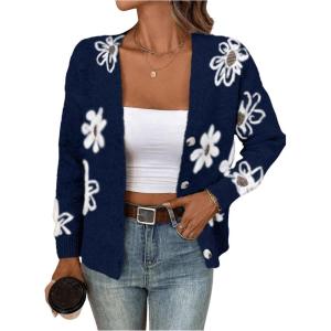 imageSHENHE Womens Floral Print Button Down Cardigan V Neck Drop Shoulder Knit OuterwearDeep Blue