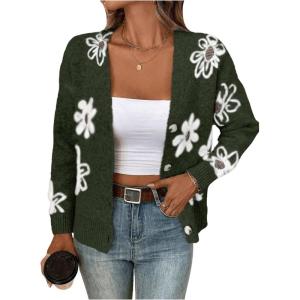 imageSHENHE Womens Floral Print Button Down Cardigan V Neck Drop Shoulder Knit OuterwearDeep Green